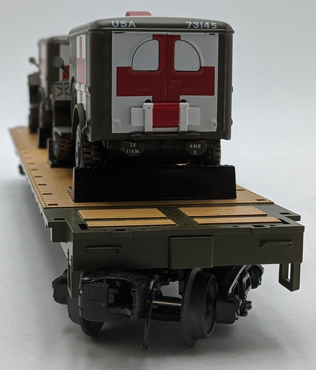 MTH 20-92149E O Gauge U.S Army Flat Car w/ Two Ambulances #609193 EX/Box
