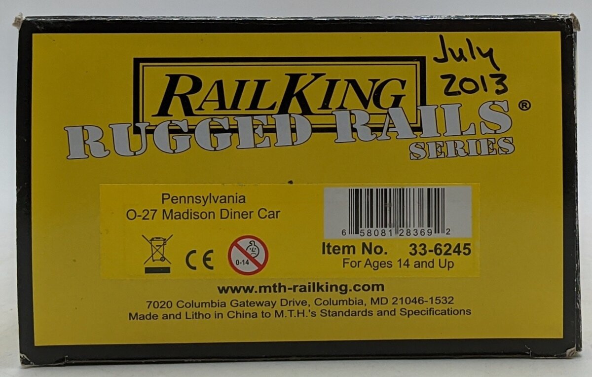 MTH 33-6245 Pennsylvania O-27 Madison Diner Car EX/Box