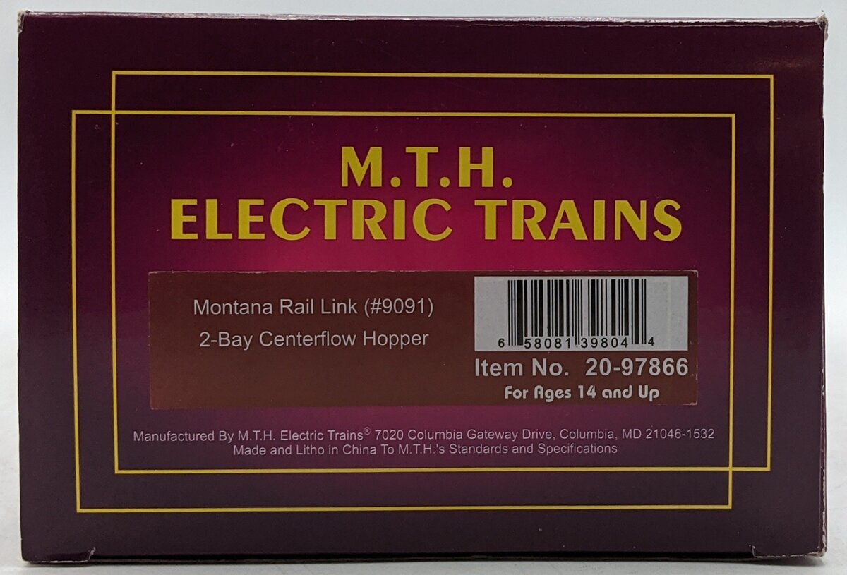 MTH 20-97866 O Gauge Montana Rail Link2-bay Centerflow Hopper Car #9091 EX/Box