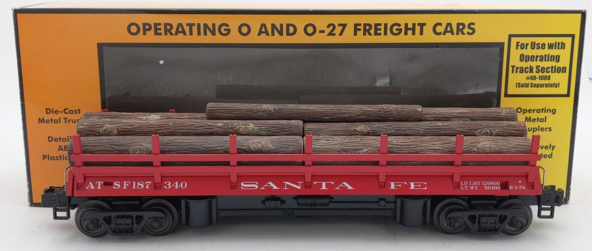 MTH 30-79451 O Gauge Santa Fe Operating Log Dump Car #187340 EX/Box