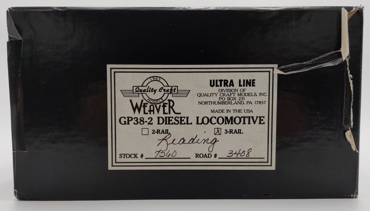 Weaver 7560-LP O Reading GP38-2 Diesel Locomotive #3412 - 3 Rail EX/Box