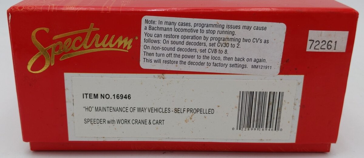 Bachmann/Spectrum 16946 HO Scale Maintenance-of-Way Speeder W/Crane & Work Cart EX/Box