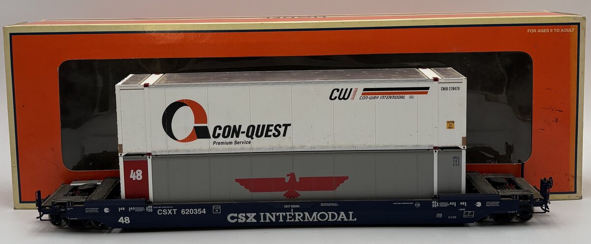 Lionel 6-27526 O Gauge CSX Husky Stack Flatcar w/ Container Load #620354 VG/Box