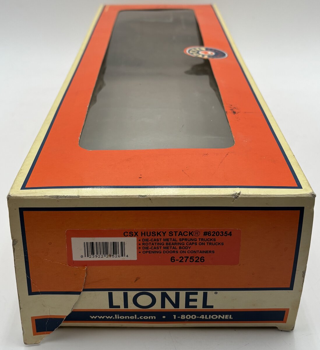 Lionel 6-27526 O Gauge CSX Husky Stack Flatcar w/ Container Load #620354 VG/Box
