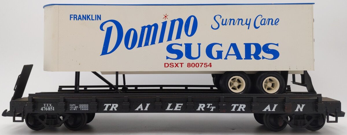 USA Trains G Scale T.T.X. Flatcar with Piggyback Domino Sugars Trailer #476851 EX