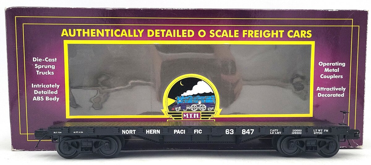 MTH 20-98597 O Gauge Northern Pacific 50-Ton 41' Wood Flat Car #63847 LN/Box