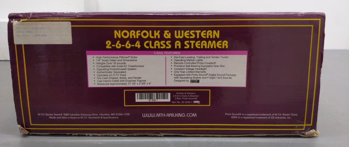 MTH 20-3036-1 O Gauge N&W 2-6-6-4 Class A Steam Locomotive & Tender w/PS1 #1218 EX/Box