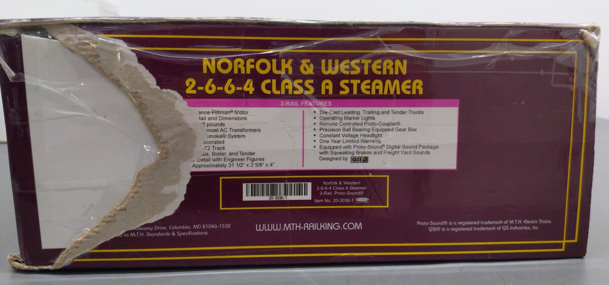 MTH 20-3036-1 O Gauge N&W 2-6-6-4 Class A Steam Locomotive & Tender w/PS1 #1218 EX/Box