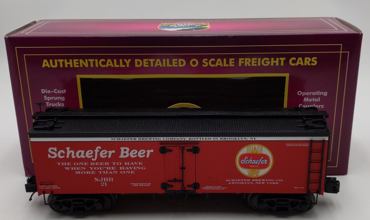 MTH 20-94425 O Scale Schaefer Beer 36' Woodsided Reefer Car #21 LN/Box