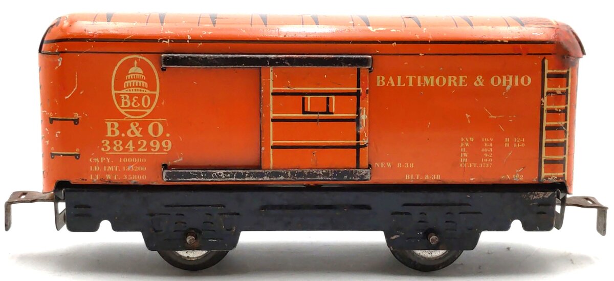Marx O Gauge Prewar Baltimore & Ohio Orange Litho Boxcar #384299 VG