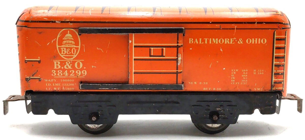 Marx O Gauge Prewar Baltimore & Ohio Orange Litho Boxcar #384299 VG