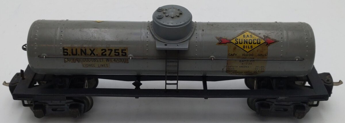 Lionel 2755 Vintage O Sunoco Metal Single Dome Tank Car - Tinplate Grey VG