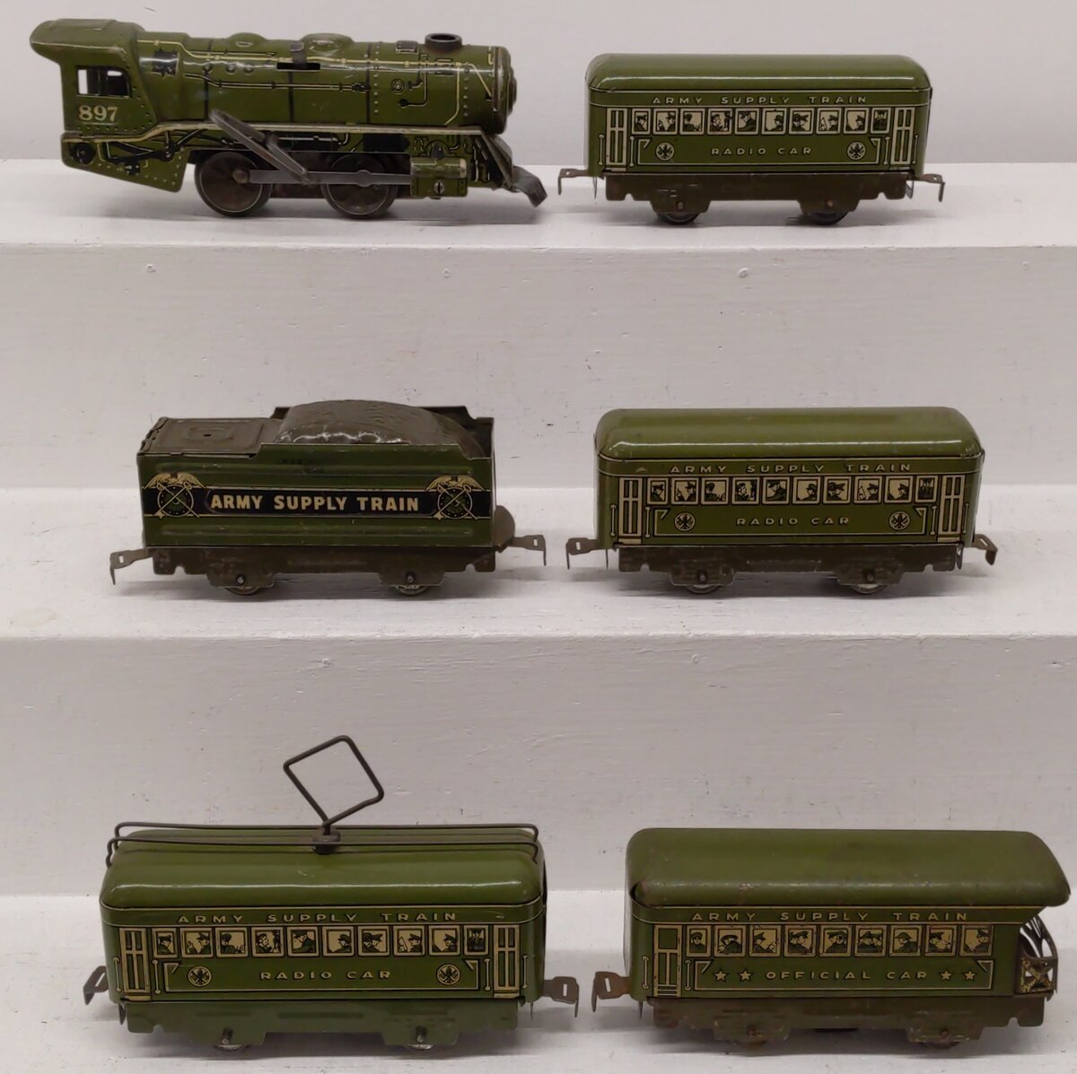 Marx O Gauge Pre-War Olive Drab Army and Passenger Cars; 897, 952, [6] VG