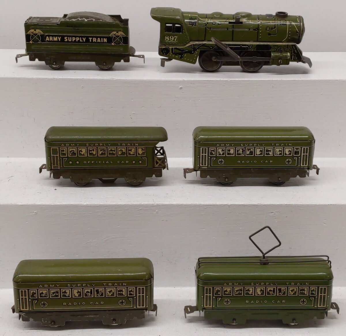 Marx O Gauge Pre-War Olive Drab Army and Passenger Cars; 897, 952, [6] VG