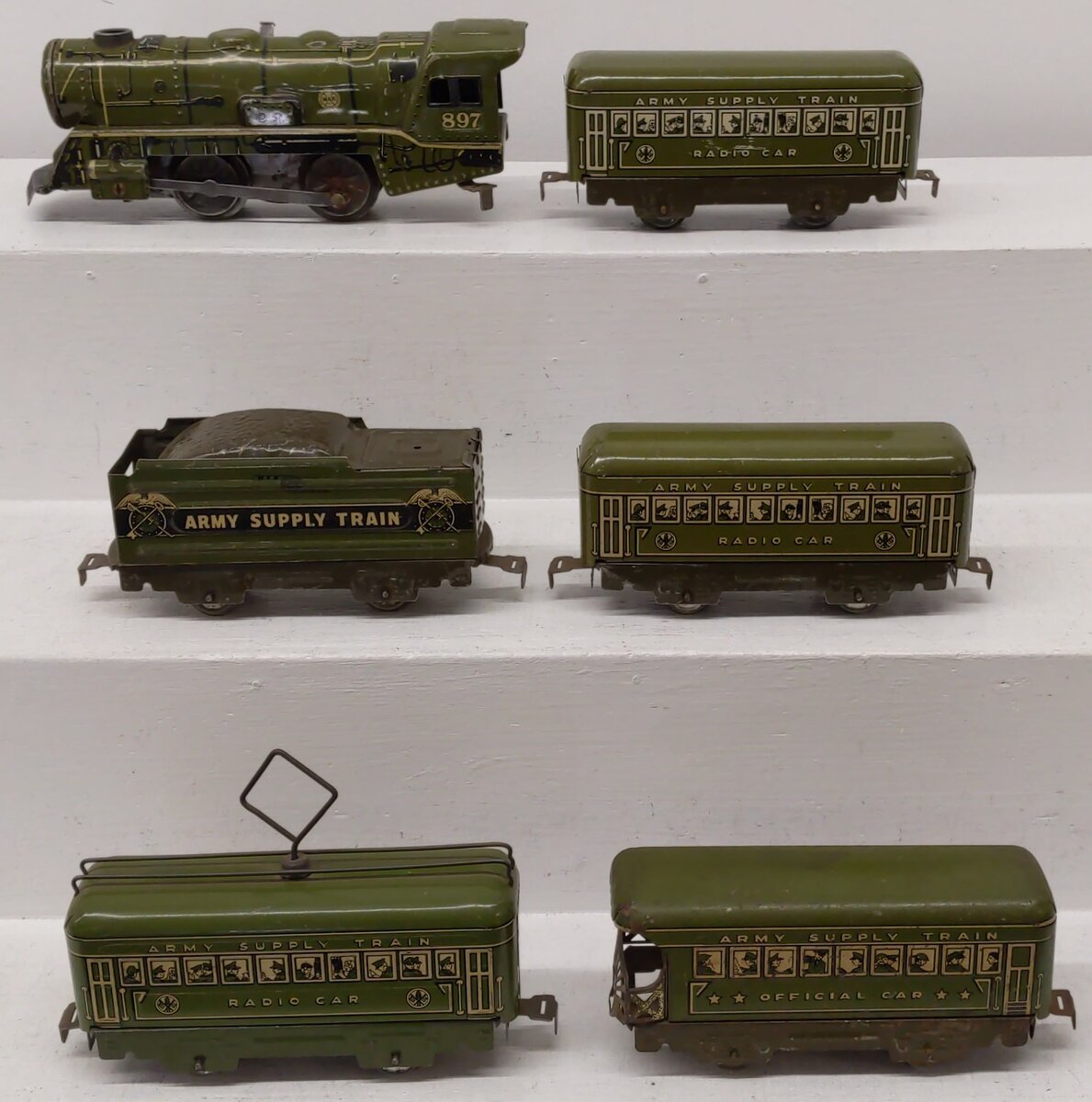 Marx O Gauge Pre-War Olive Drab Army and Passenger Cars; 897, 952, [6] VG