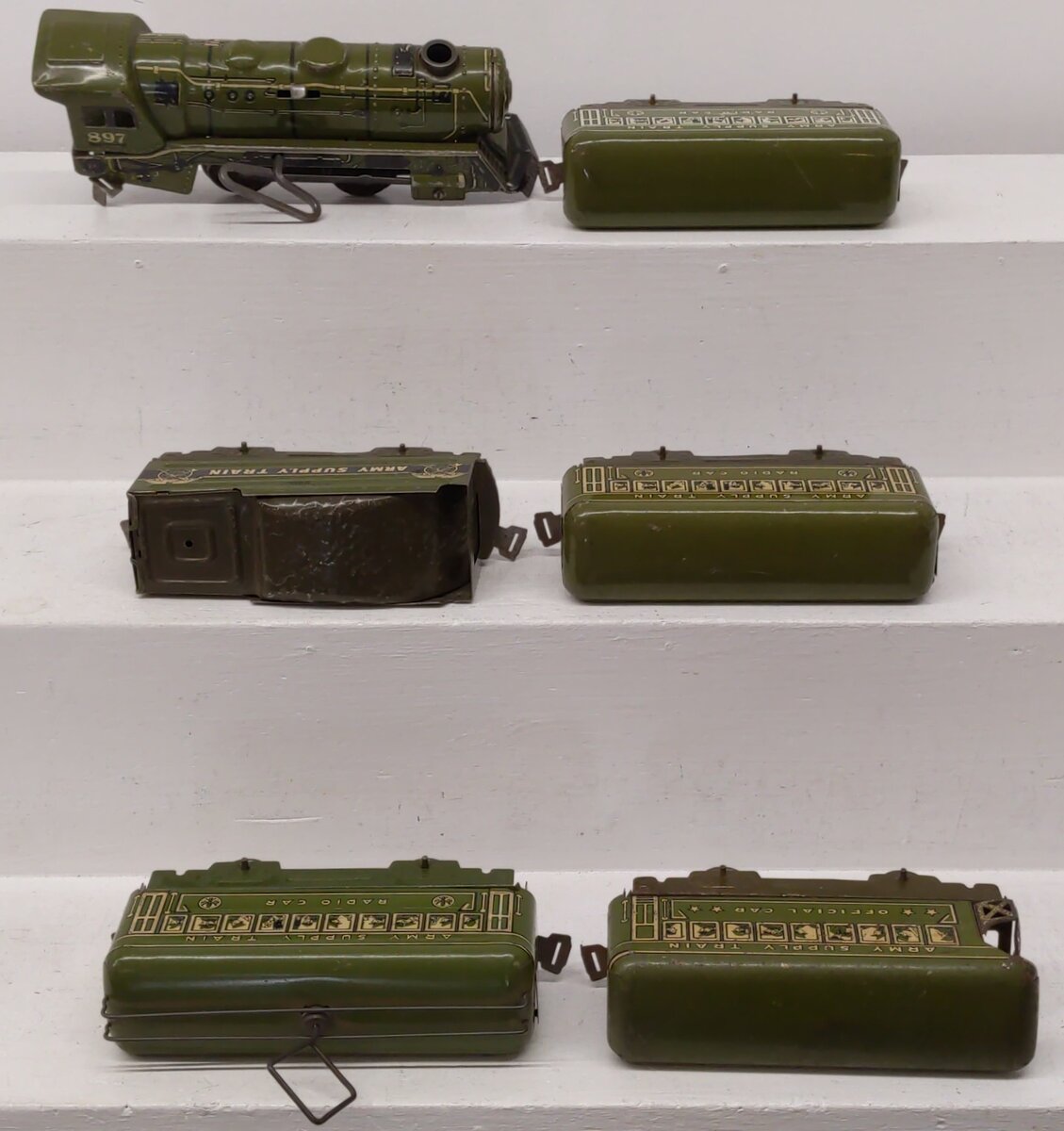 Marx O Gauge Pre-War Olive Drab Army and Passenger Cars; 897, 952, [6] VG