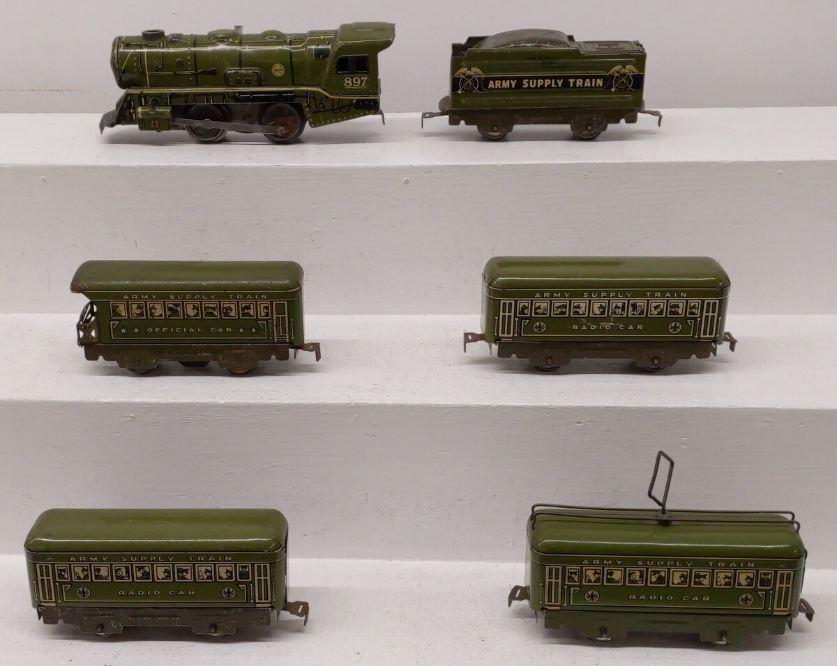 Marx O Gauge Pre-War Olive Drab Army and Passenger Cars; 897, 952, [6] VG