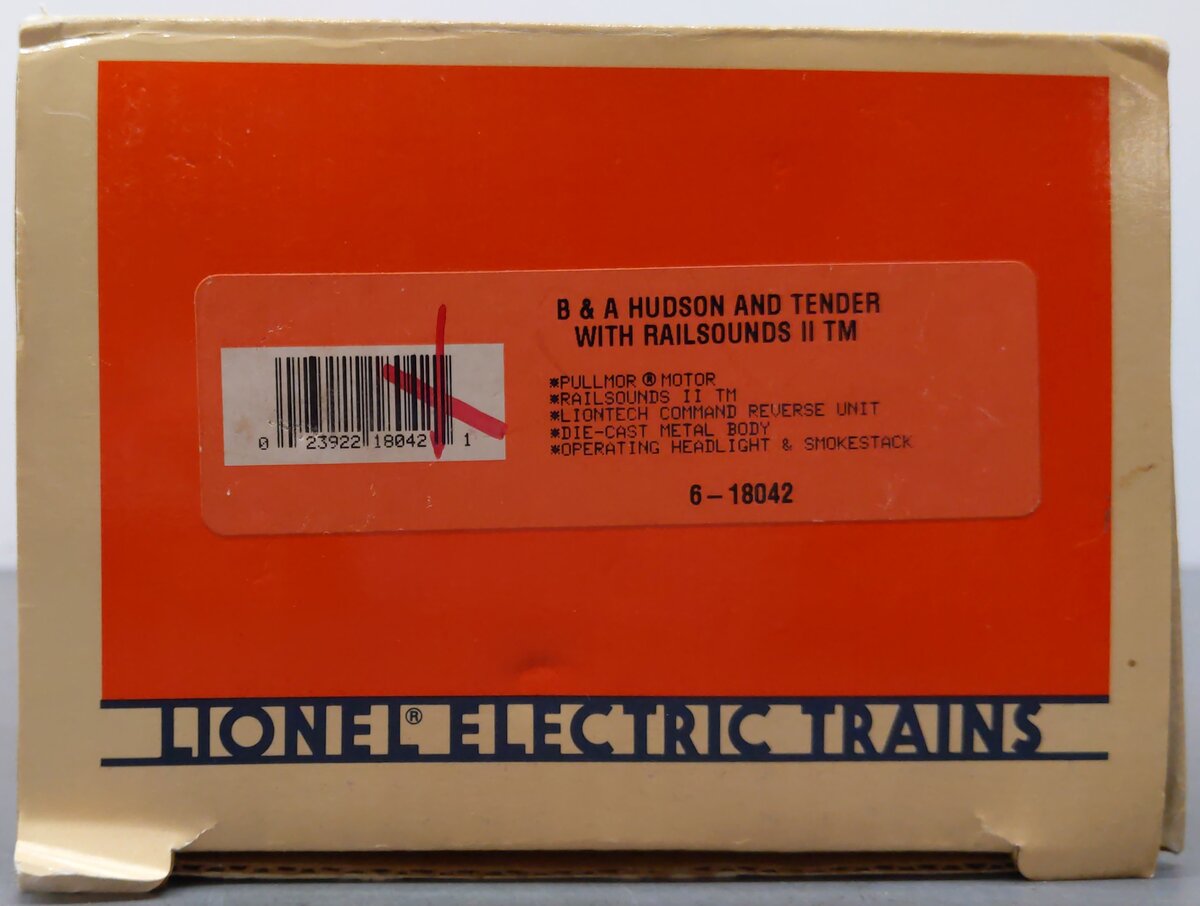 Lionel 6-18042 O Gauge B&A Hudson 4-6-4 Steam Locomotive & Tender #618 w/RS II EX/Box