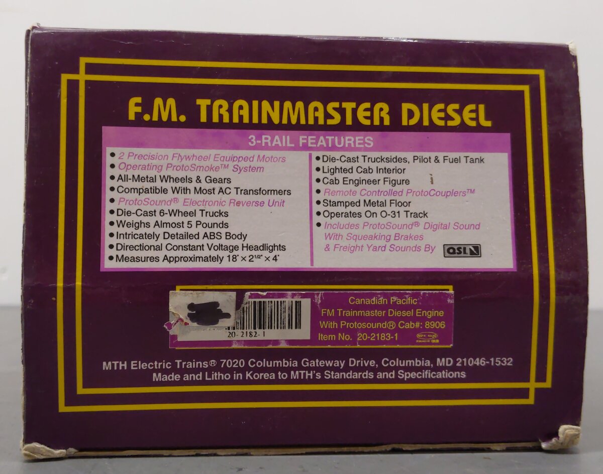 MTH 20-2183-1 Canadian Pacific FM Trainmaster Diesel Engine w/PS 1.0 #8906 EX/Box
