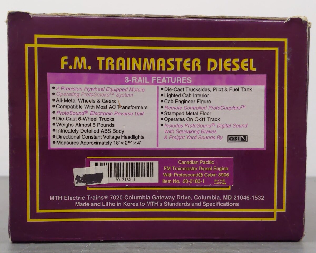 MTH 20-2183-1 Canadian Pacific FM Trainmaster Diesel Engine w/PS 1.0 #8906 EX/Box