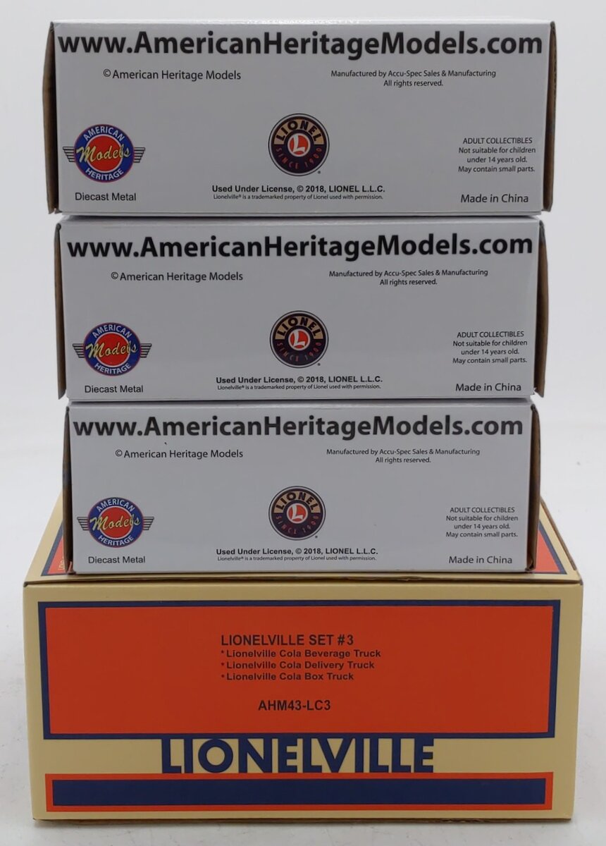 Lionel AHM43-LC3 1:48 Lionelville Cola Beverage/Delivery & Box Truck (Pack of 3) EX/Box