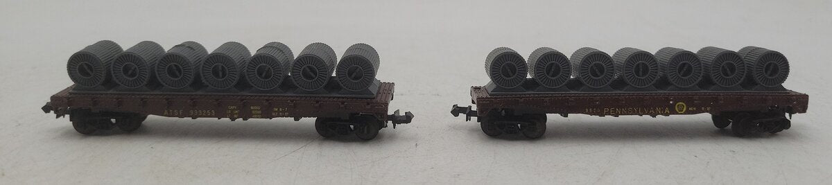 AHM 44551-J N Scale ATSF & Pennsylvania 2 Pcs. Flatcars w/Cable Reels EX/Box
