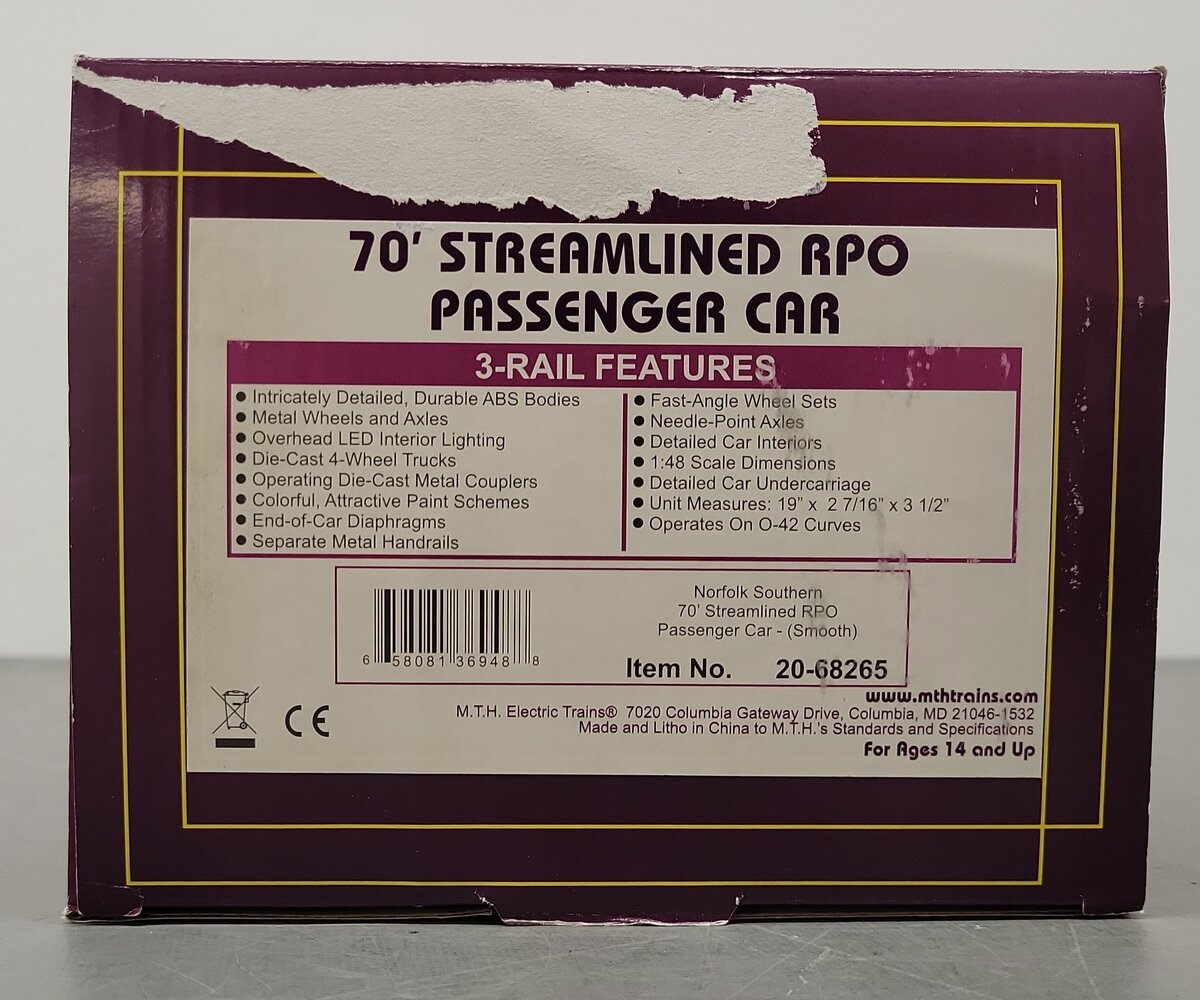 MTH 20-68265 O Norfolk Southern 70' ABS RPO Passenger Car (Smooth) LN/Box