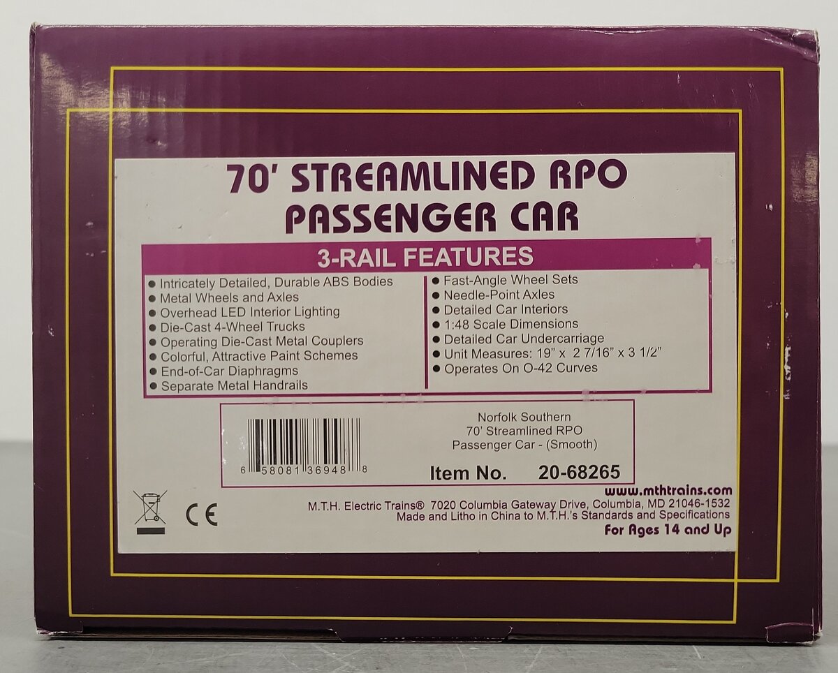 MTH 20-68265 O Norfolk Southern 70' ABS RPO Passenger Car (Smooth) LN/Box