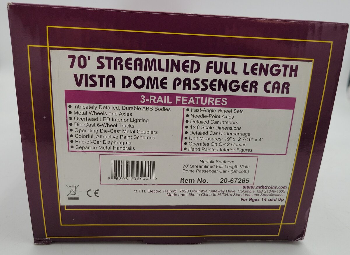 MTH 20-67265 O Norfolk Southern "Delaware" 70' ABS Vista Dome Passenger Car EX/Box