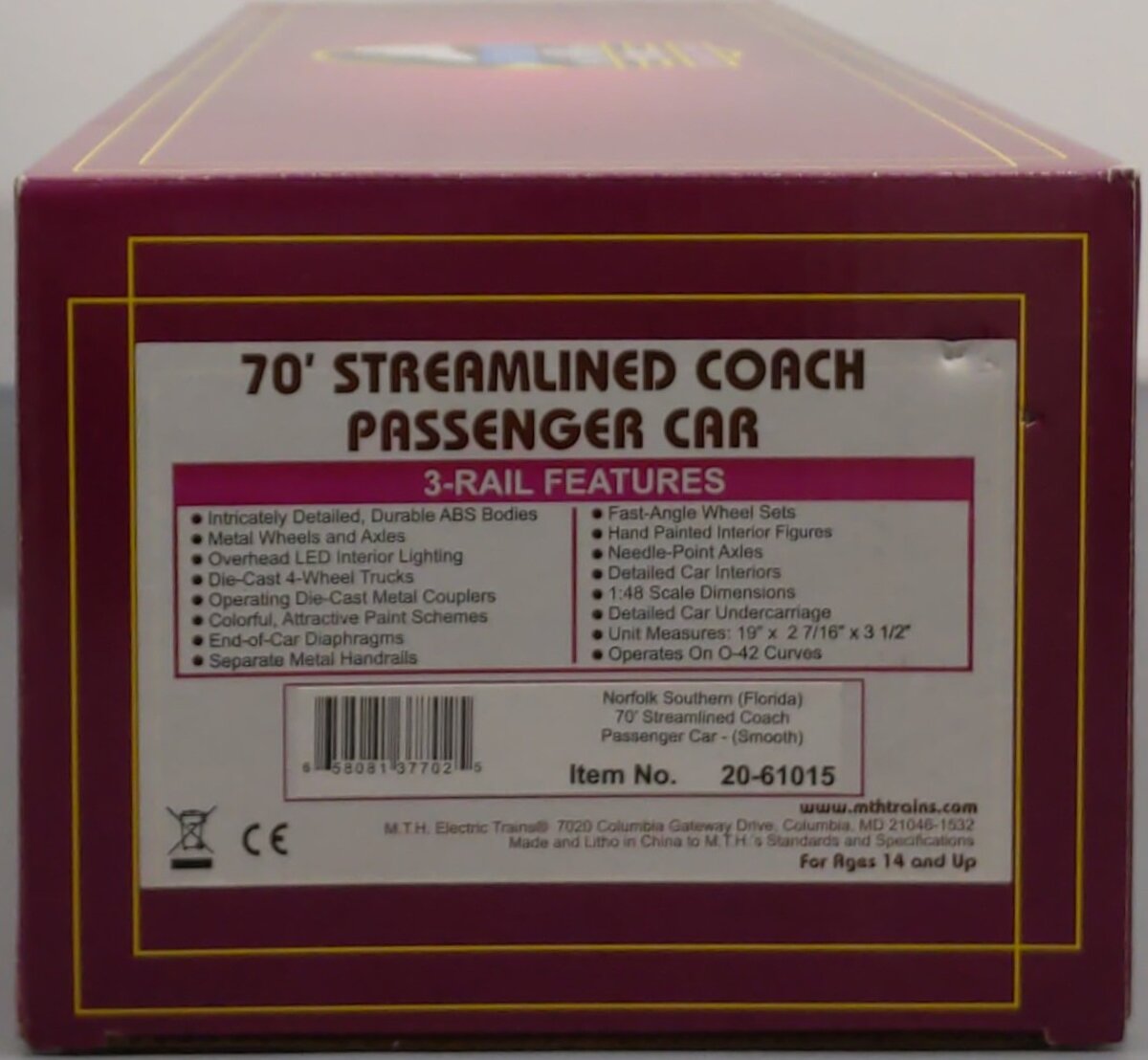 MTH 20-61015 O Norfolk Southern 70' Streamlined Coach Passenger Car LN/Box