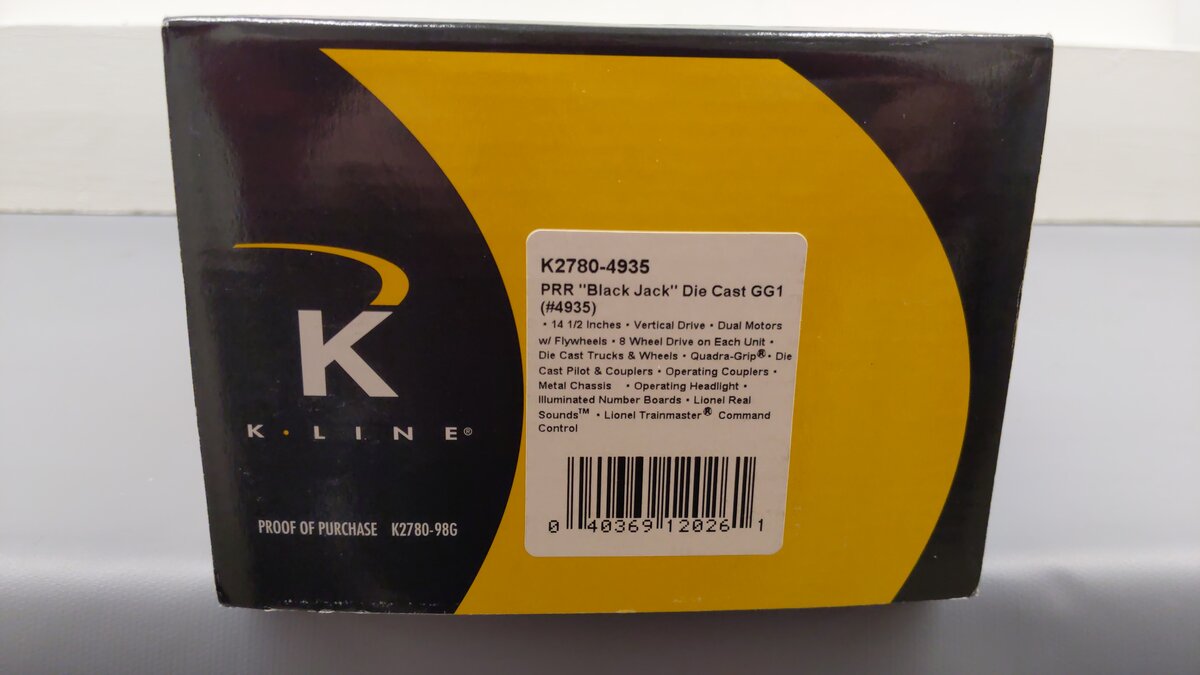 K-Line K2780-4935 O PRR Black Jack Diecast GG-1 Electric Locomotive #4935 VG/Box