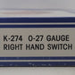 K-Line K-0274 O-27 Gauge 42" Right Hand Manual Switch EX/Box