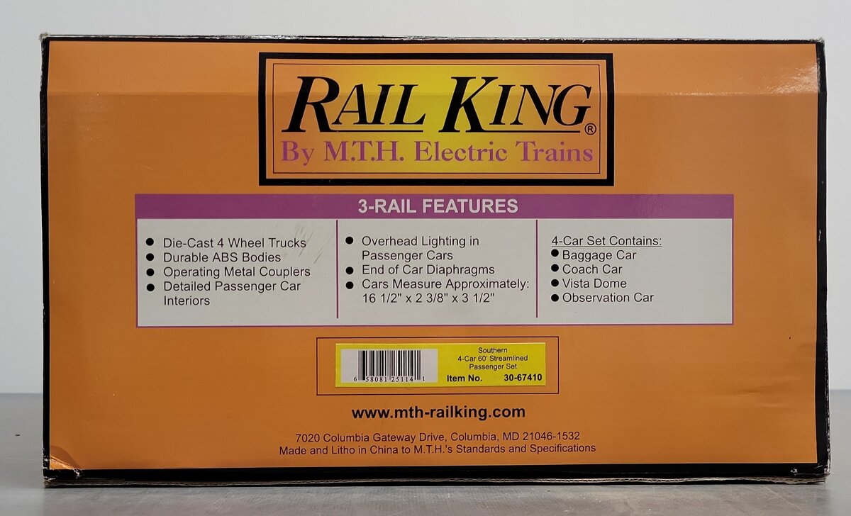 MTH 30-67410 O Southern 60' Streamlined ABS Passenger Car Set (Set of 4) LN/Box