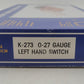 K-Line K-0273 O-27 Gauge 42" Left Hand Manual Switch Turnout EX/Box