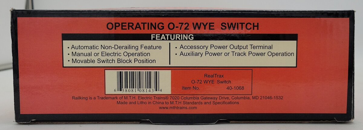 MTH 40-1068 O Gauge RealTrax O-72 Wye Remote Switch Turnout LN/Box