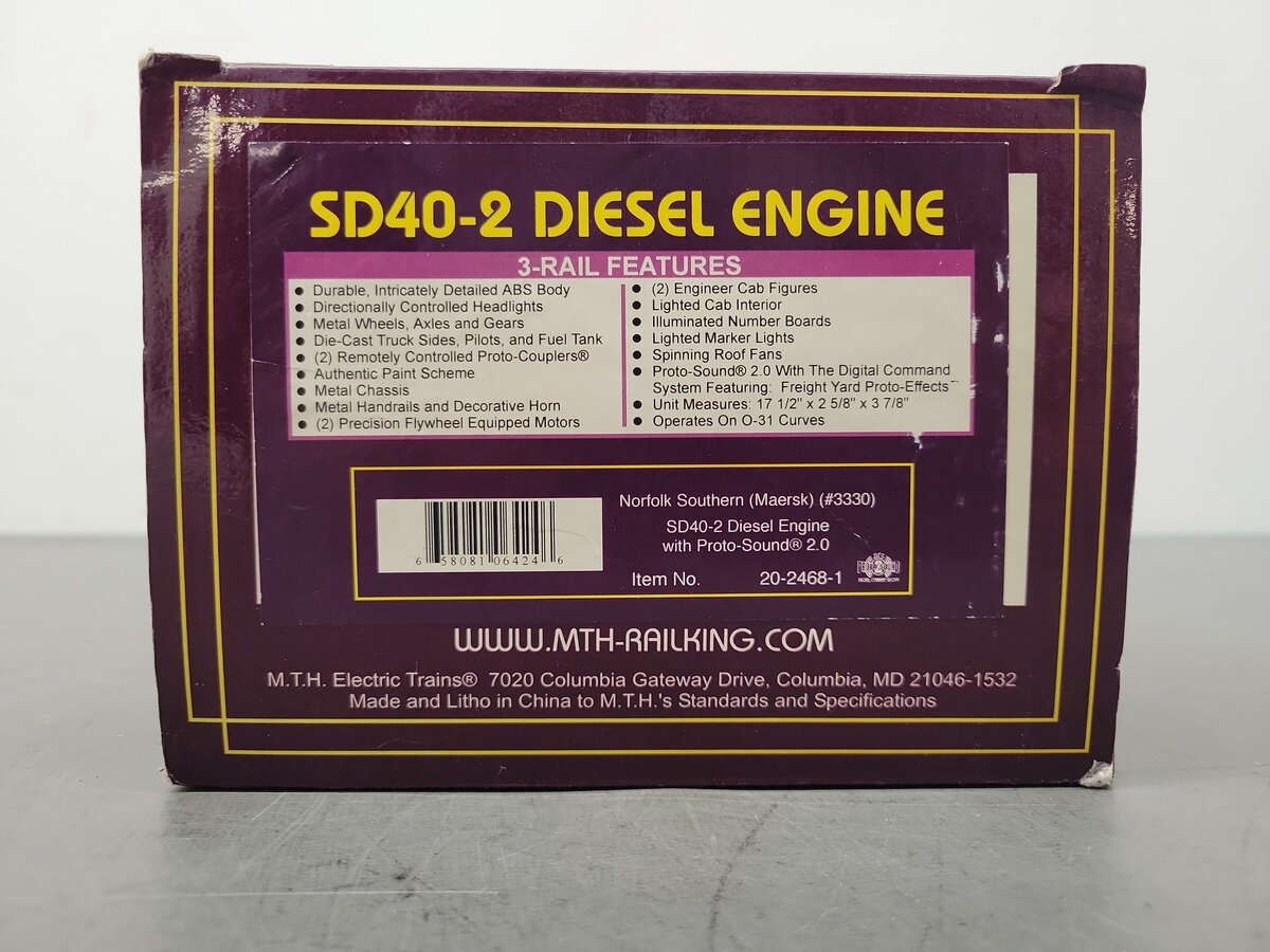 MTH 20-2468-1 O Gauge Maersk/NS SD40-2 Diesel Engine w/PS2 #3330 EX/Box