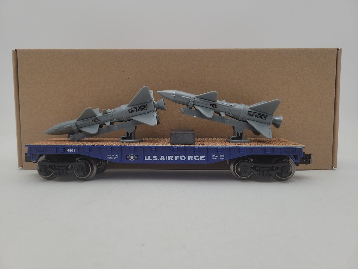 Menards 279-4490 O Gauge US Airforce Flatcar w/ 2 Rockets EX/Box