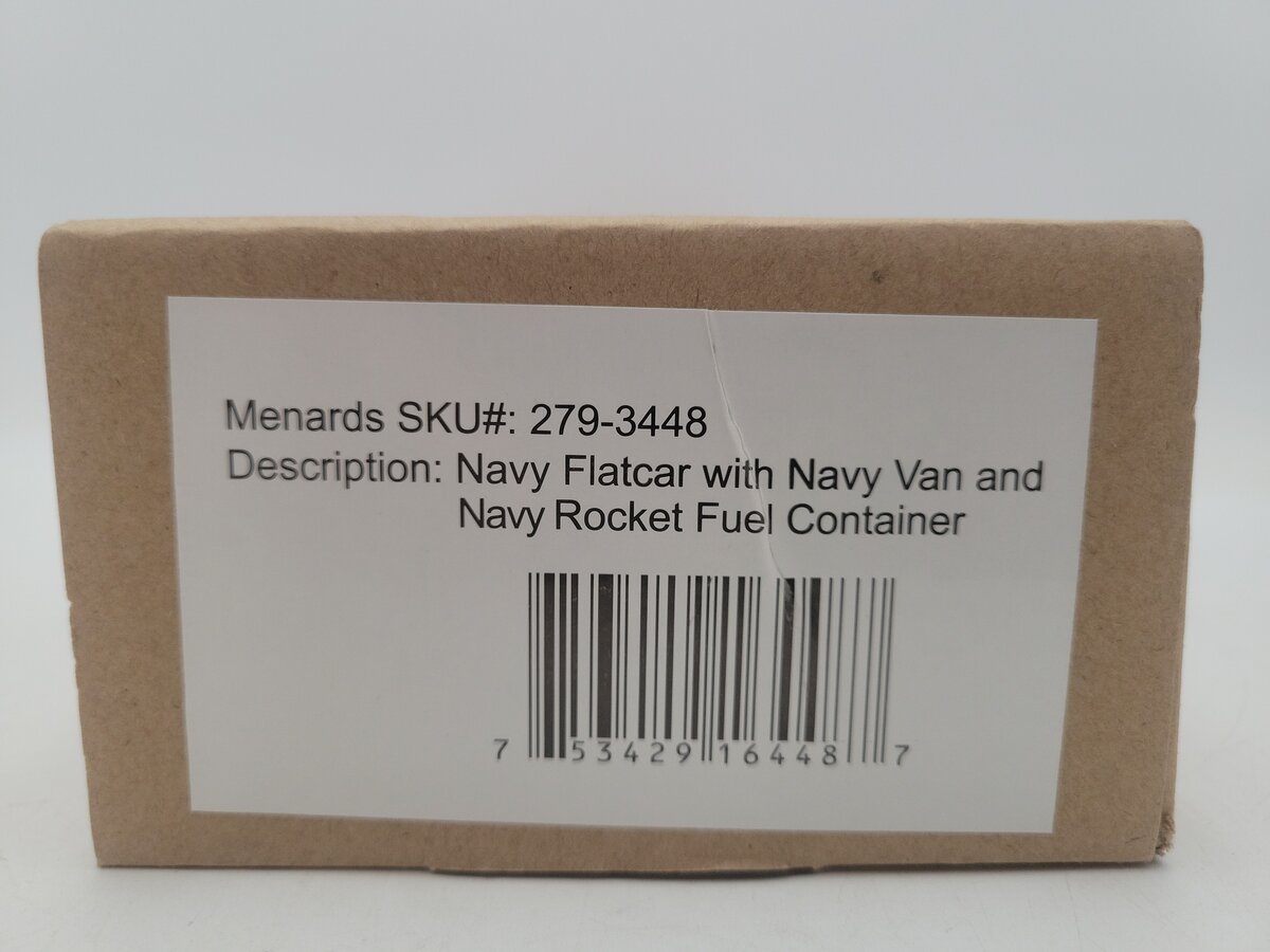 Menards 279-3448 O Gauge Navy Flatcar w/ Navy Van & Rocket Fuel Container EX/Box