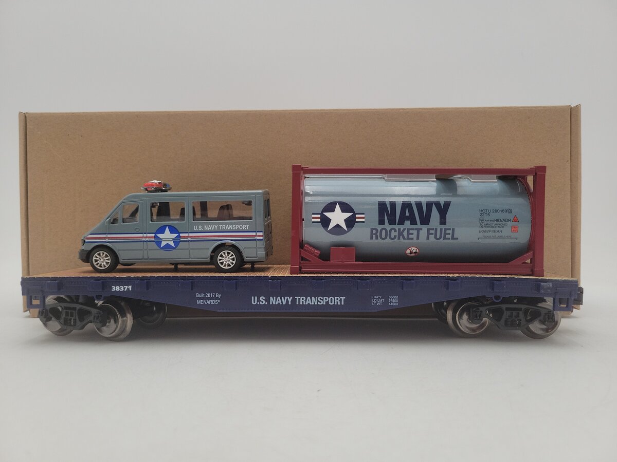 Menards 279-3448 O Gauge Navy Flatcar w/ Navy Van & Rocket Fuel Container EX/Box
