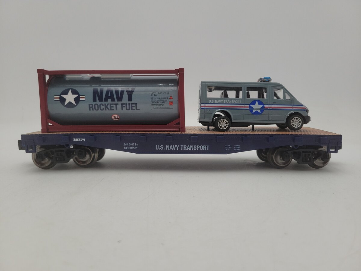 Menards 279-3448 O Gauge Navy Flatcar w/ Navy Van & Rocket Fuel Container EX/Box