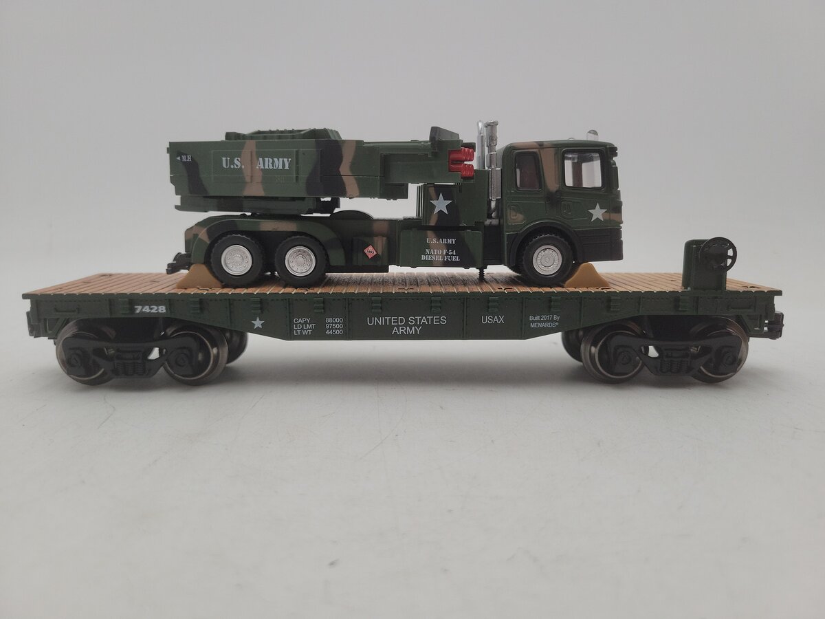Menards 279-3964 O Gauge US Army Flatcar w/ Army Truck & HIMARS EX/Box