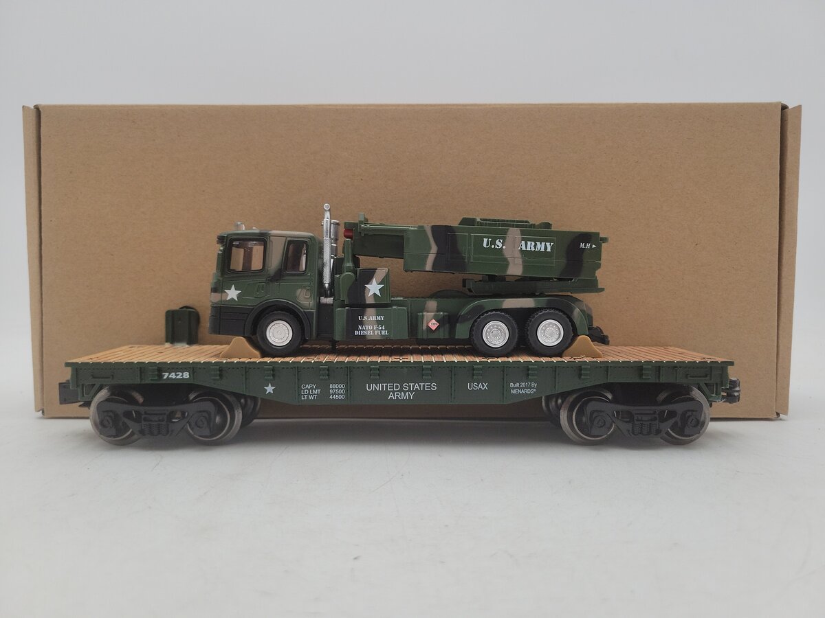 Menards 279-3964 O Gauge US Army Flatcar w/ Army Truck & HIMARS EX/Box