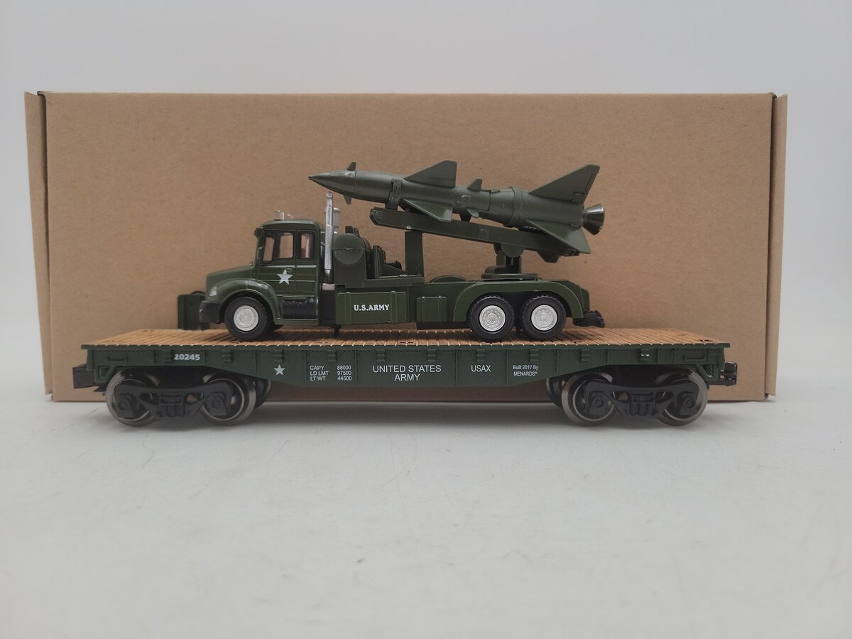 Menards 279-3473 O Gauge USAX Flat Car w/ Truck and Missile #20245 EX/Box