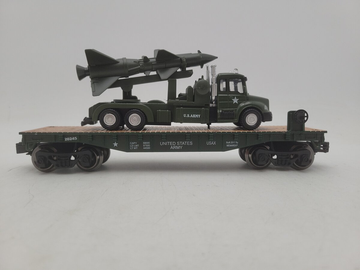 Menards 279-3473 O Gauge USAX Flat Car w/ Truck and Missile #20245 EX/Box