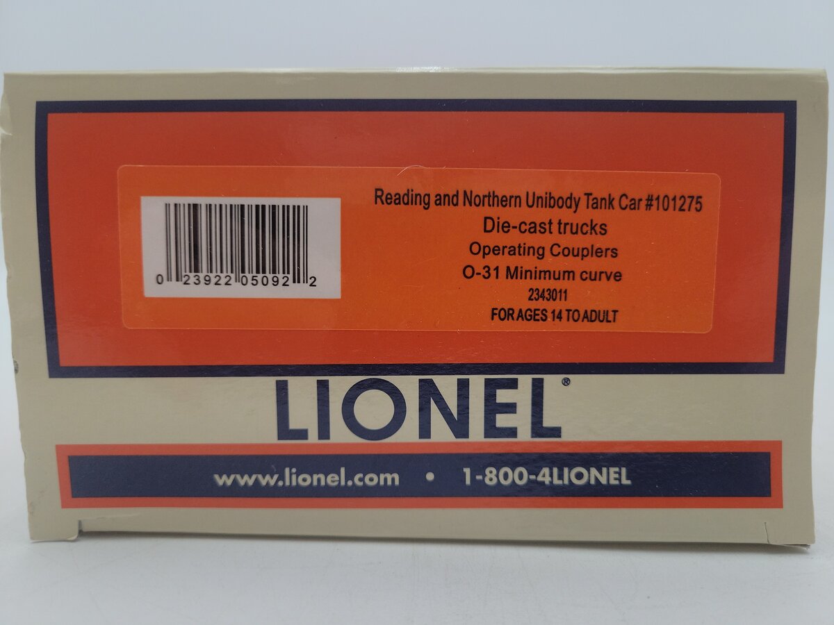 Lionel 2343011 O Gauge Reading & Northern Unibody Tank Car #101275 LN/Box