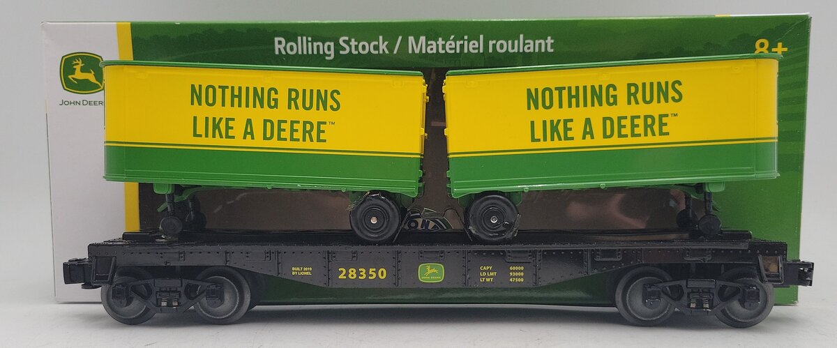 Lionel 1928350 O Gauge John Deere Flatcar w/ Piggyback Trailers VG/Box