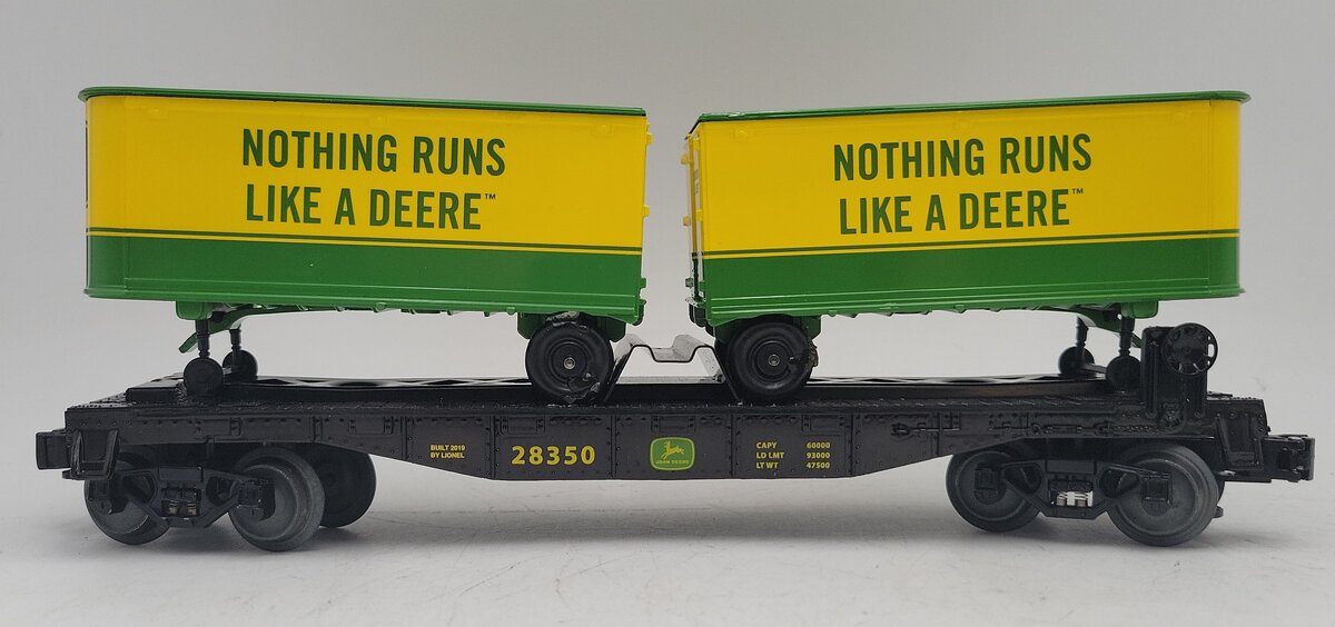 Lionel 1928350 O Gauge John Deere Flatcar w/ Piggyback Trailers VG/Box