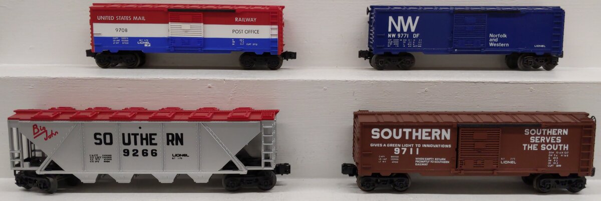 Lionel O Gauge Assorted Freight Cars: #9708, #9711, #9771, #9266 [4] LN/Box