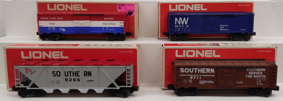 Lionel O Gauge Assorted Freight Cars: #9708, #9711, #9771, #9266 [4] LN/Box