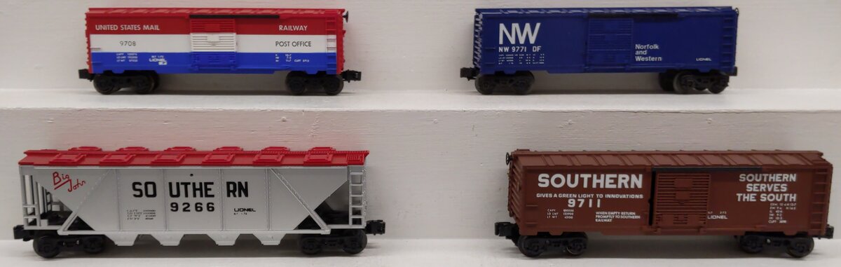Lionel O Gauge Assorted Freight Cars: #9708, #9711, #9771, #9266 [4] LN/Box